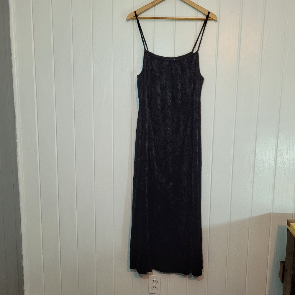 VTG 90s Gaccina Womens Sz 22W Black Crushed Velvet Spaghetti Strap Dress Goth